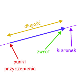 Rysunek przedstawia cechy wektora. Punkt przyczepienia, długość, zwrot oraz kierunek.